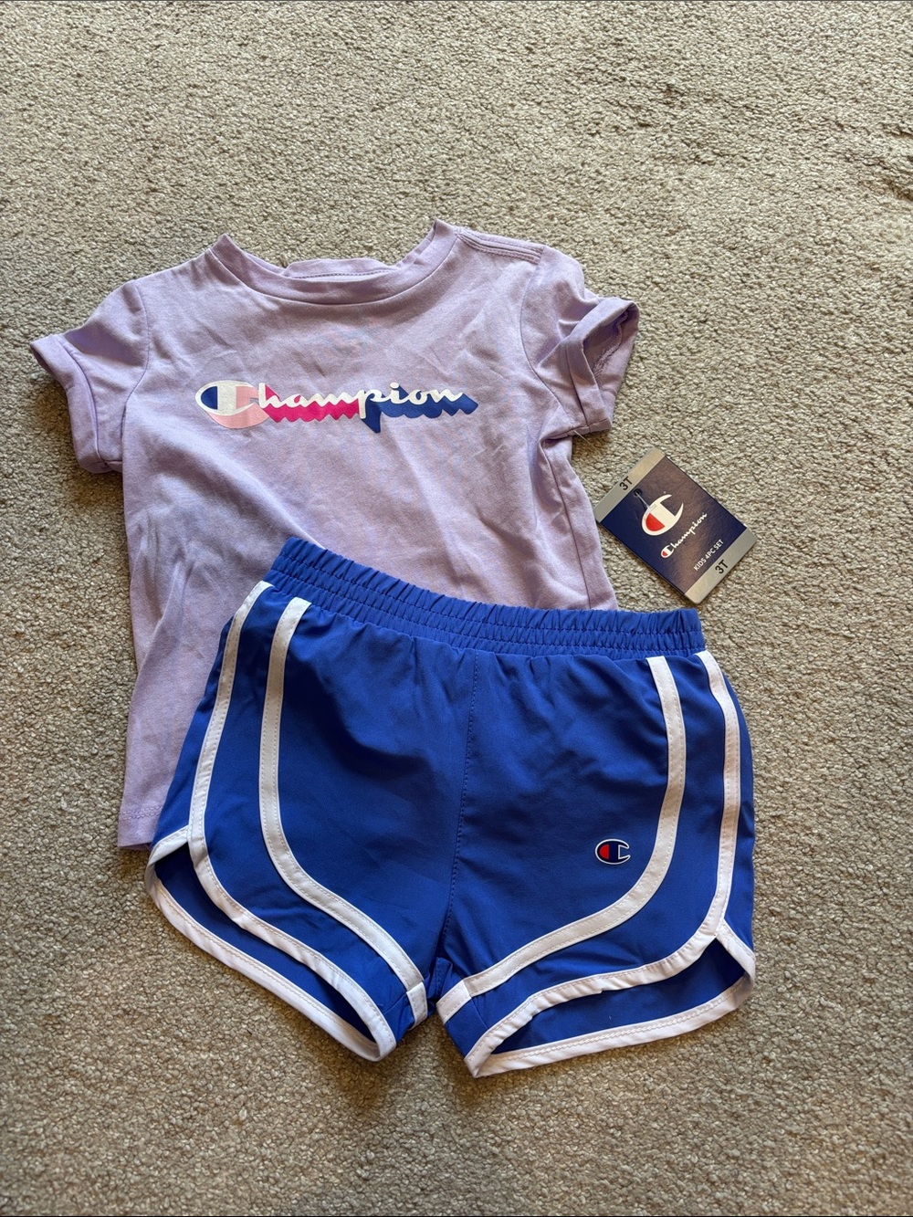 Champion Lavender Tee with Blue and White Trim Athletic Shorts